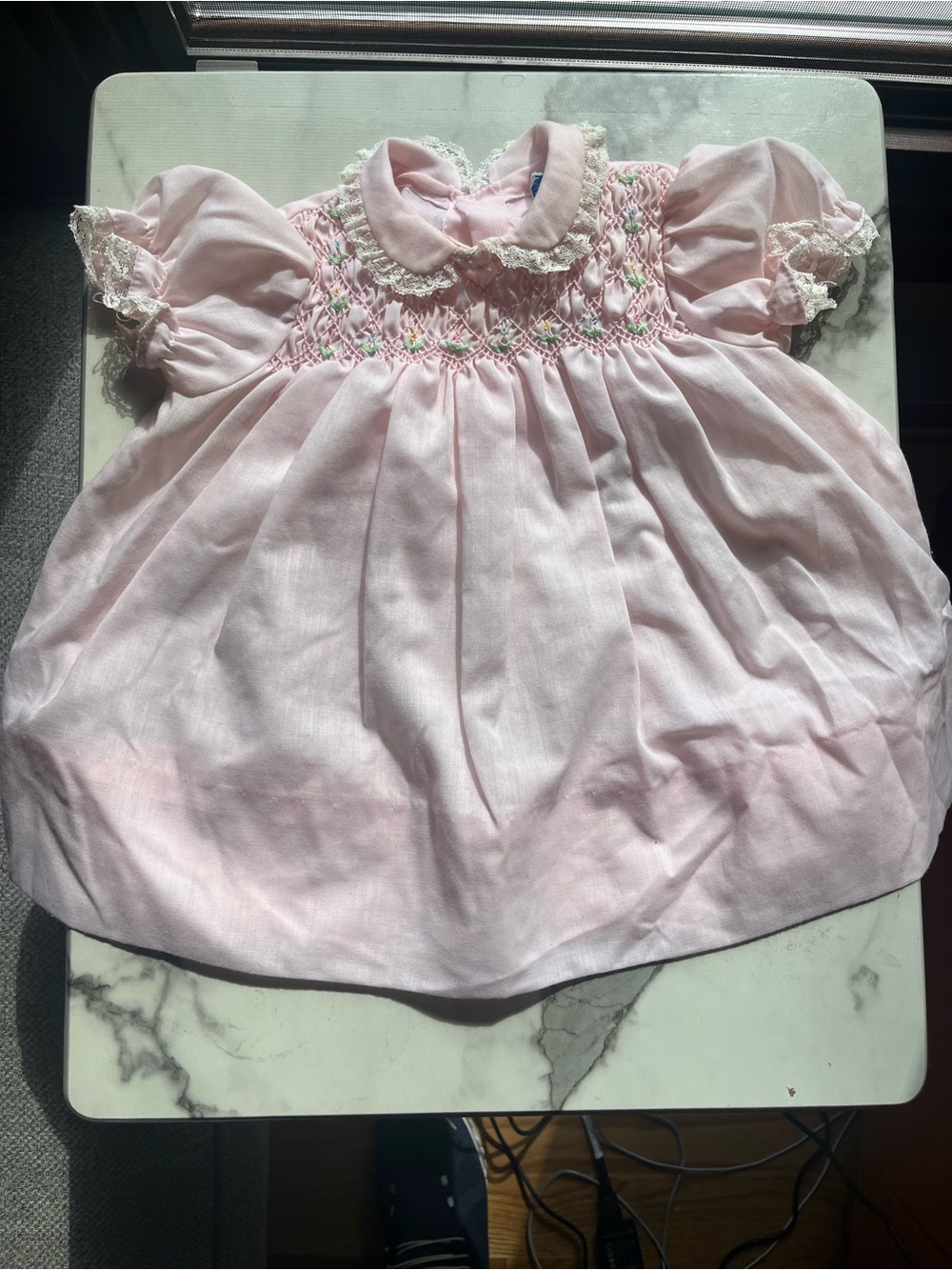 Vintage Hand Smocked dress by Carrousel pink with flowers  size 12 months